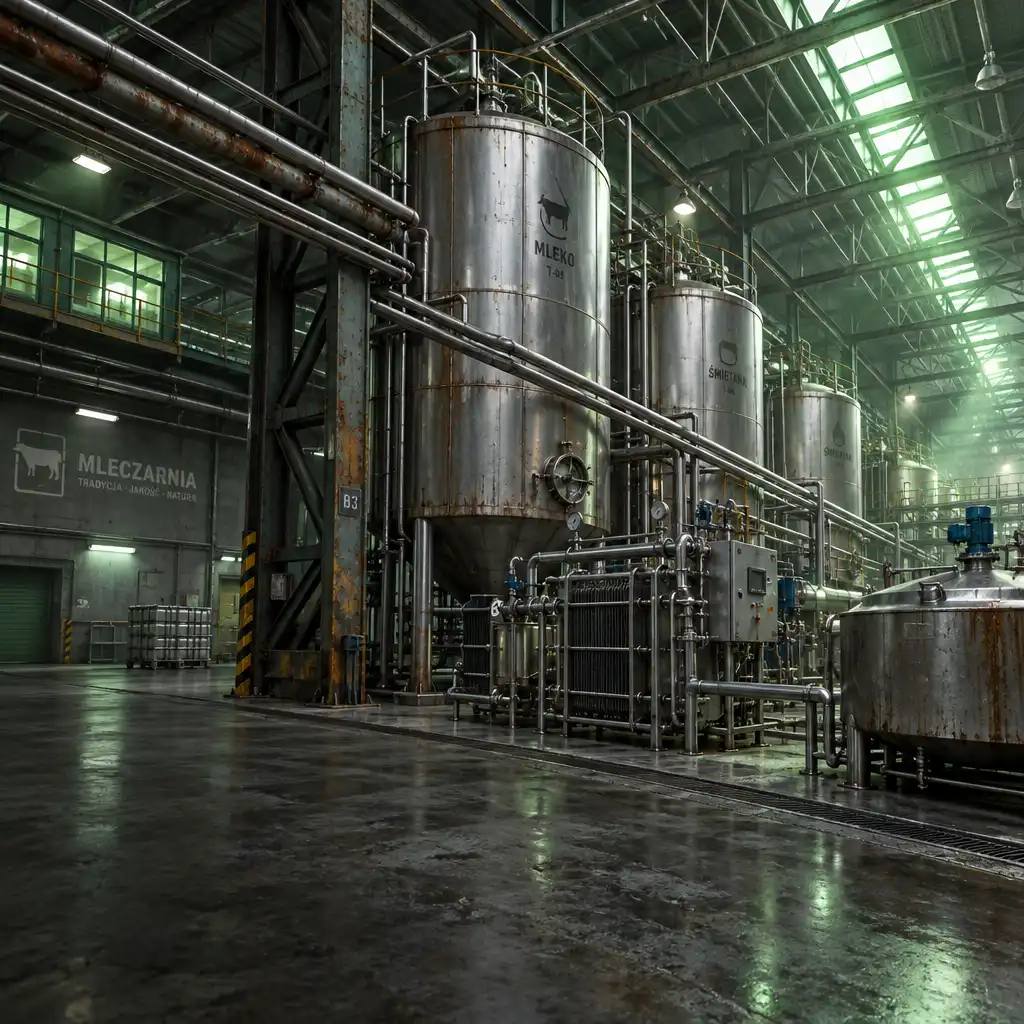 Industrialna hala fabryczna Dairy Plant z dużymi zbiornikami i rurami, otwarta przestrzeń z metalowymi konstrukcjami